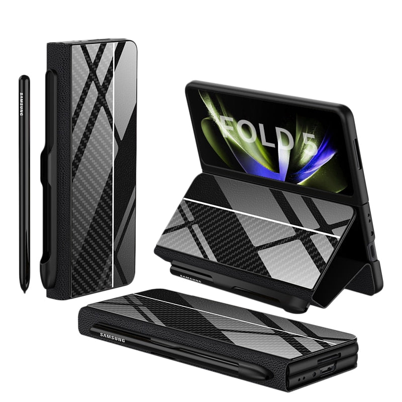 Stornfield | Glass Case with Shockproof Armor, Stand, Leather Pouch for Samsung Galaxy Z Fold 5/4