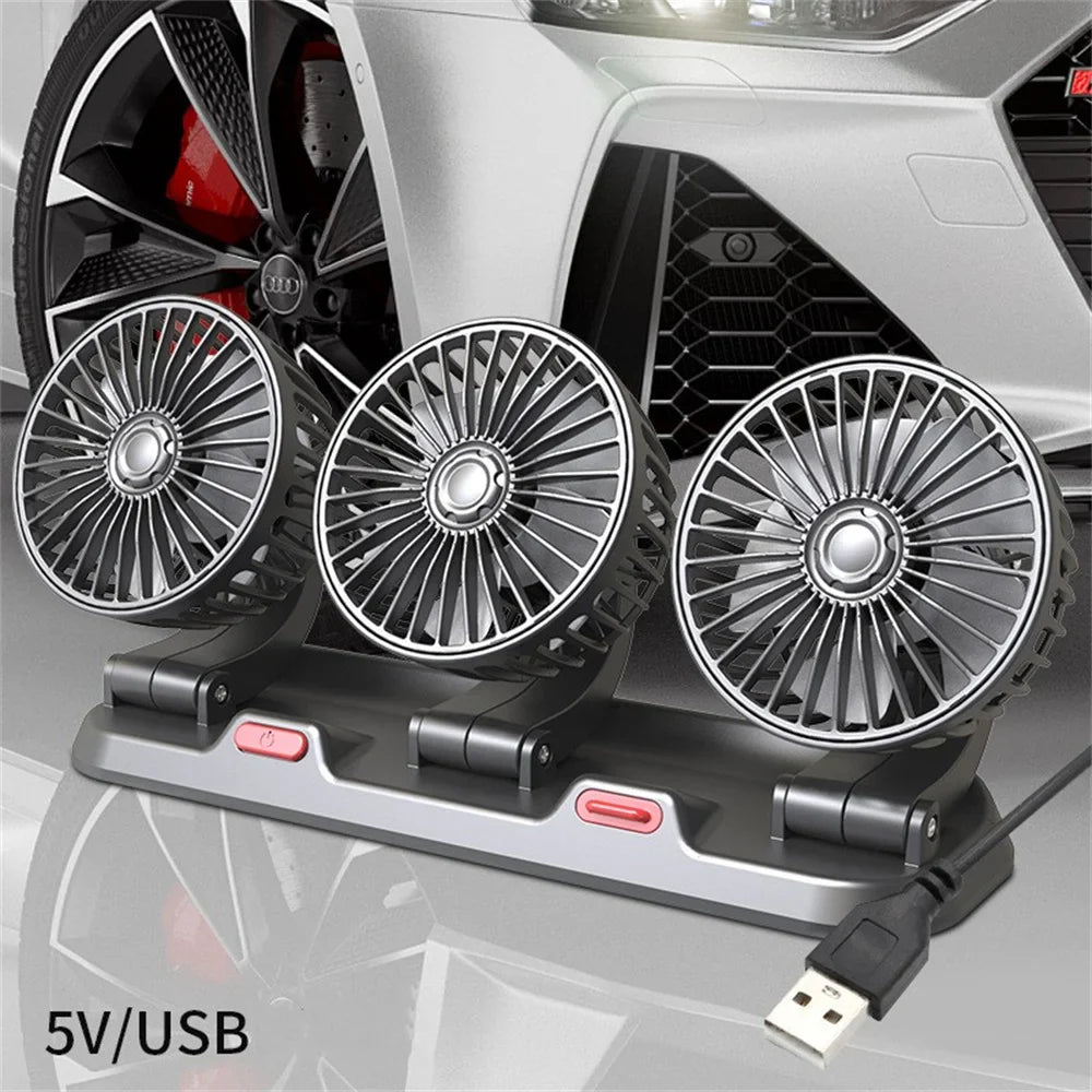 360° Adjustable Car Fan - 3-Head Automotive Electric Fan - USB/12V/24V - 2 Speeds - Silent Cooling for Home, Desk, Office & Car | Stornfield