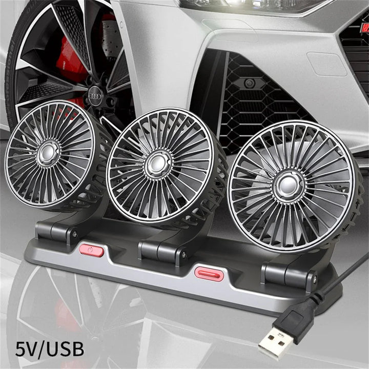360° Adjustable Car Fan - 3-Head Automotive Electric Fan - USB/12V/24V - 2 Speeds - Silent Cooling for Home, Desk, Office & Car | Stornfield