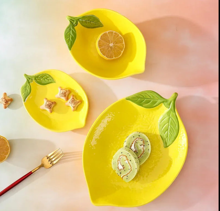 Lemon-shaped ceramic dish set, decorative serving bowls and plates for the dining table | Stornfield