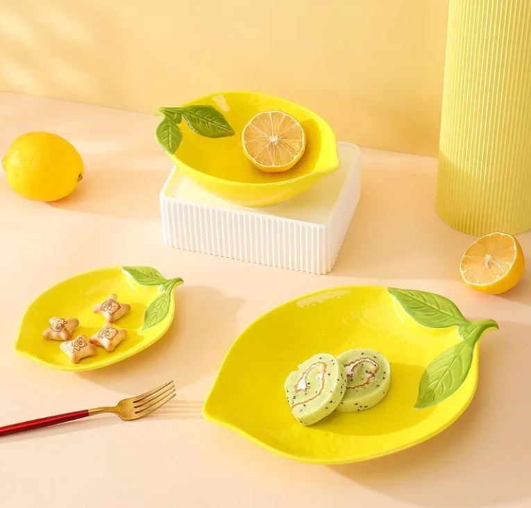 Lemon-shaped ceramic dish set, decorative serving bowls and plates for the dining table | Stornfield