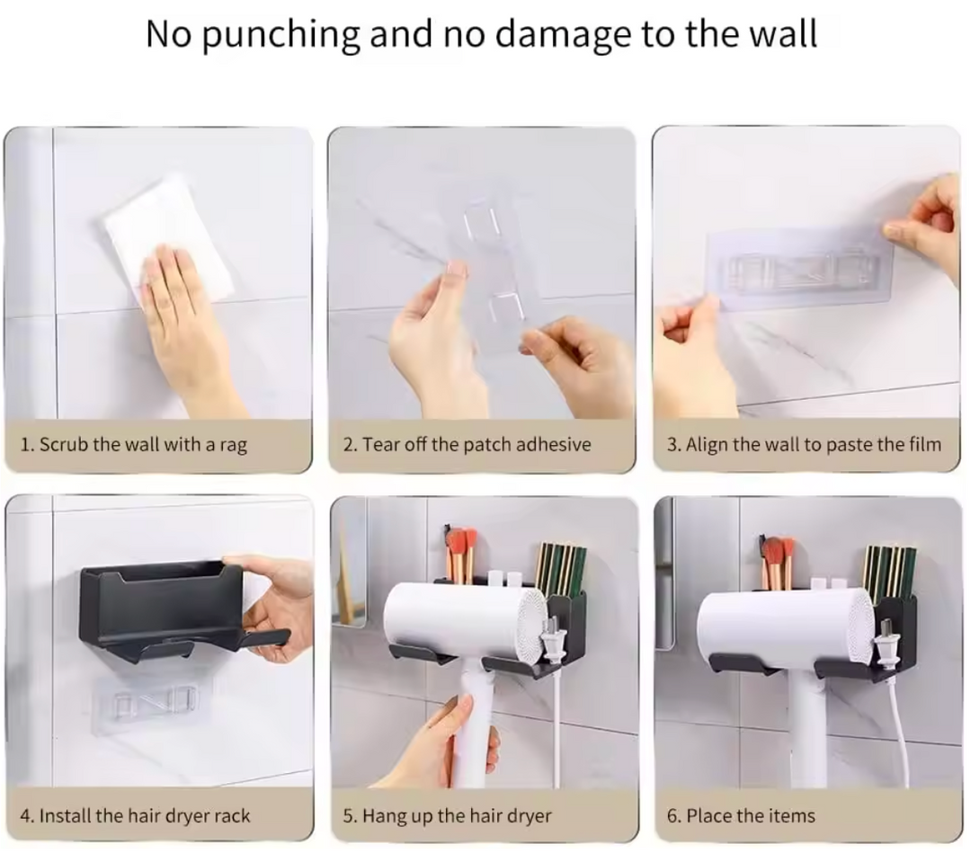 Multifunctional hair dryer holder – wall-mounted | no drilling | with plug storage | ABS plastic Stornfield