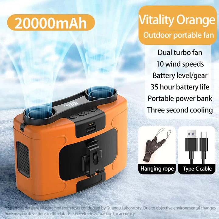 20000mAh Portable Waist Fan – Hanging Neck Fan with Power Bank, Strong Wind, LED Lighting for Sports, Courier, Outdoor Work | Stornfield