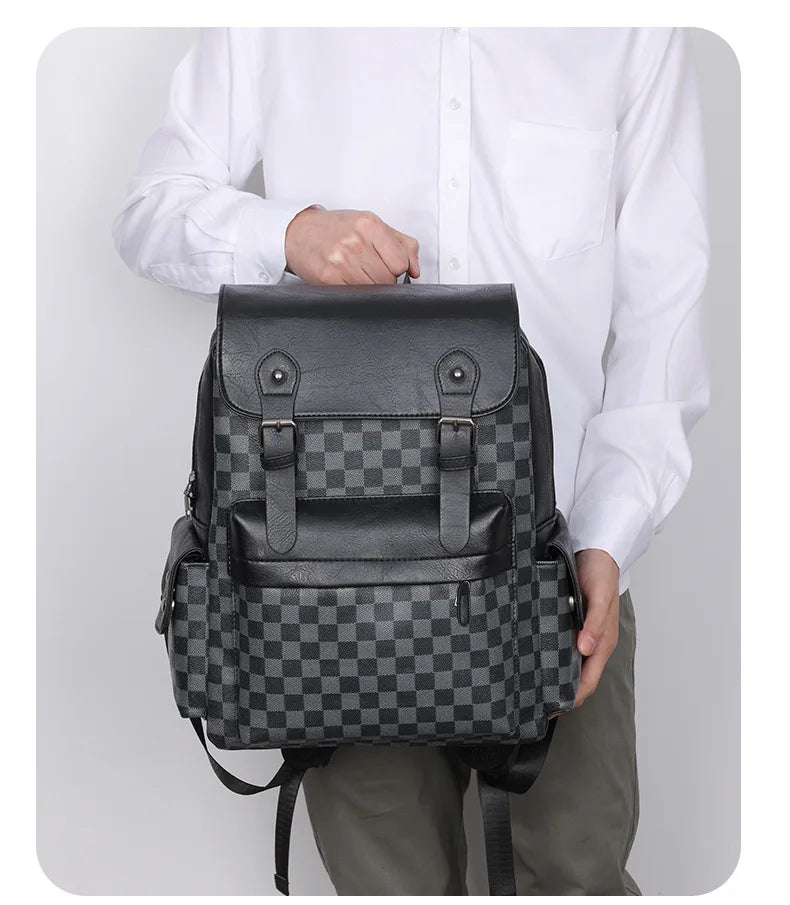 Stornfield | Versatile Trendy Plaid Business Backpack for Men Large Capacity Luxury Brand Design PU Leather Backpack Men's School Backpack