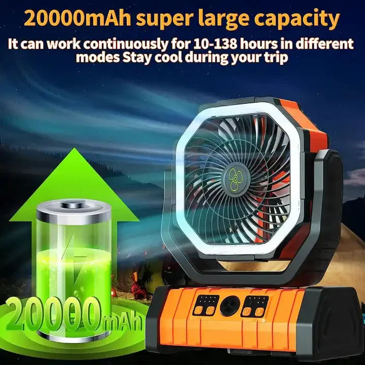 20000mAh Portable Rechargeable Fan — Battery-Operated Desk & Camping Fan with LED Light & Hook for Tent, Car, and Outdoor Trips | Stornfield