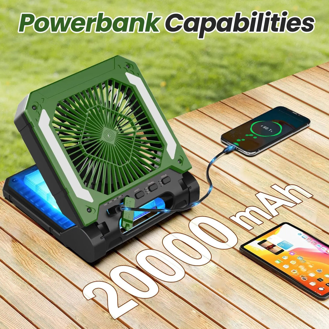 20000mAh Portable Electric Fan with LED Light — USB, Solar & Car Charging for Camping | Stornfield