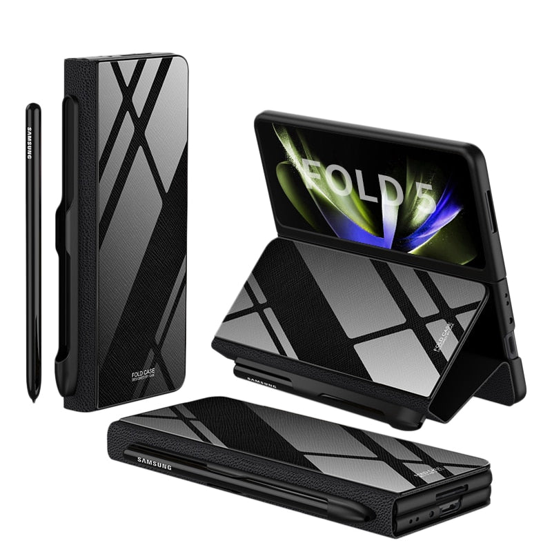 Stornfield | Glass Case with Shockproof Armor, Stand, Leather Pouch for Samsung Galaxy Z Fold 5/4