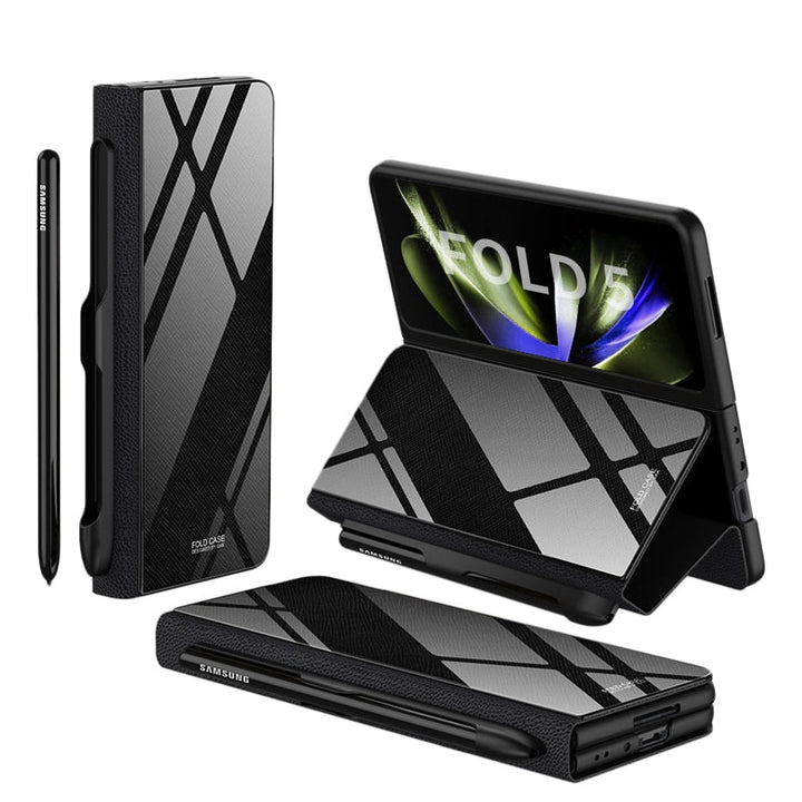 Stornfield | Glass Case with Shockproof Armor, Stand, Leather Pouch for Samsung Galaxy Z Fold 5/4