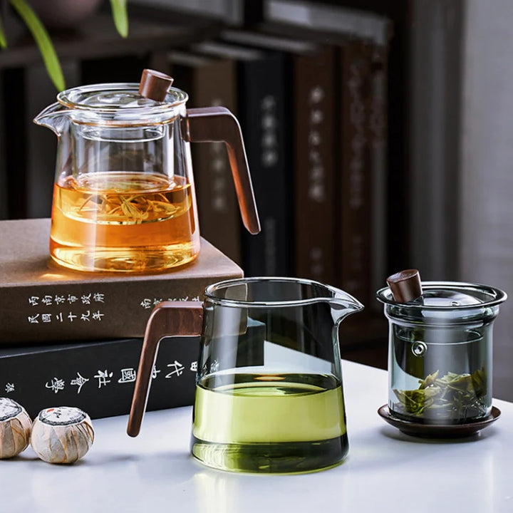 Stornfield | GIANXI Retro Glass Teapot with Wooden Handle Transparent Tea Set Ceremony Tea Ceramic Cup Filter High Borosilicate Silica Pot 530ML