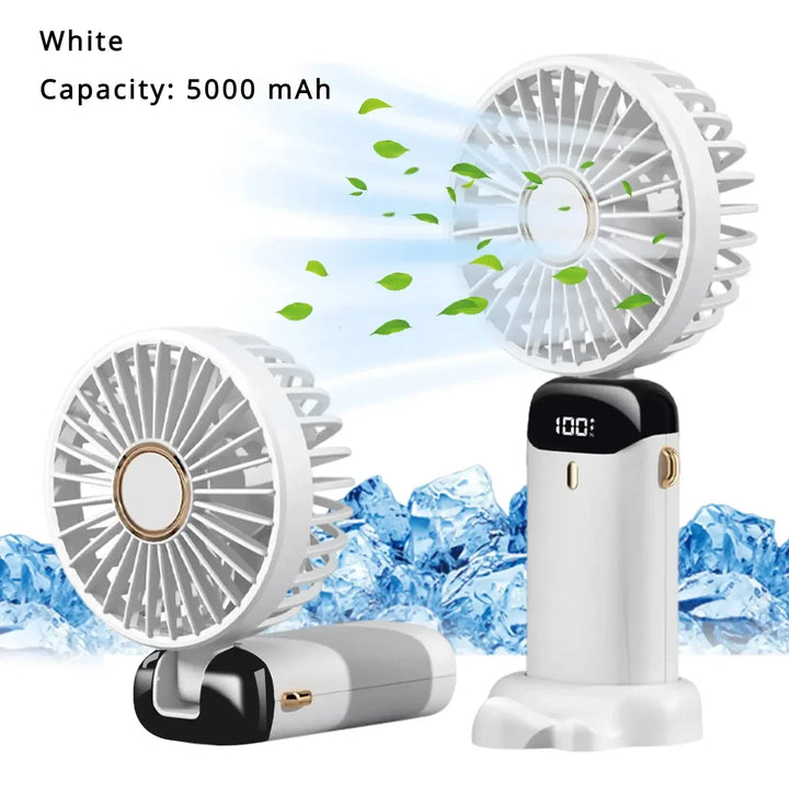 5000mAh Handheld Mini Fan – Wireless USB Rechargeable Portable Fan with Digital Display, Phone Holder, 5-Speed Foldable Neck Hanging Fan | Stornfield