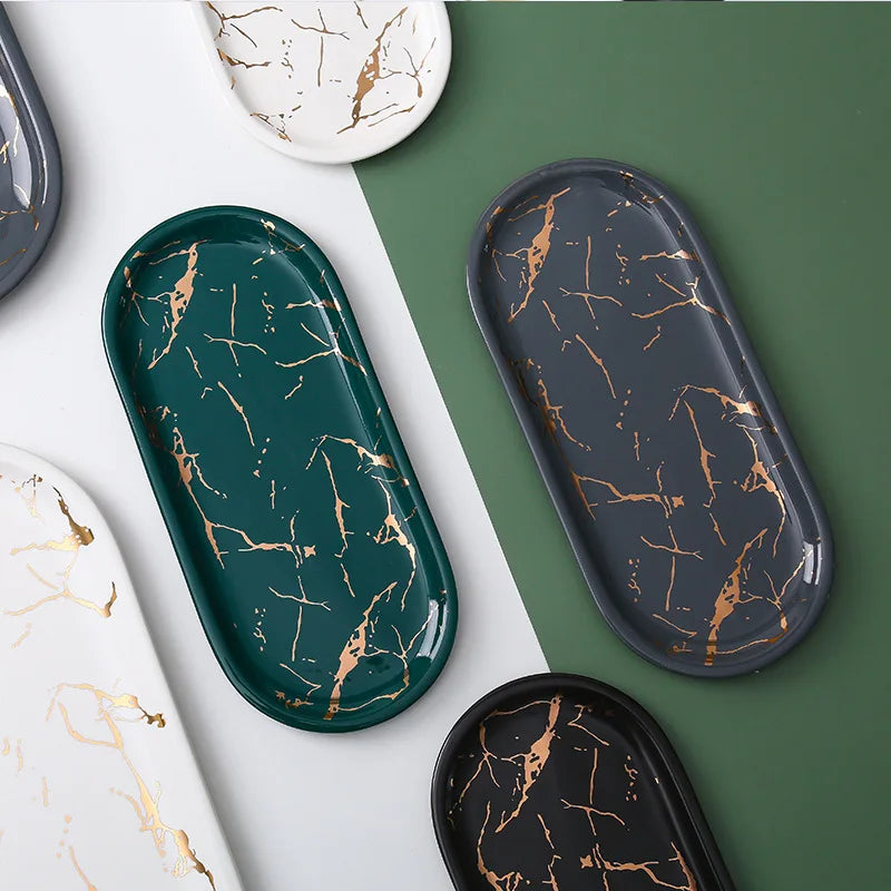 Stornfield | Nordic Marbled Ceramic Oval Tray for Jewelry, Accessory Storage, Soap Holder, Golden Wave, Bathroom Cup, Bath Decoration