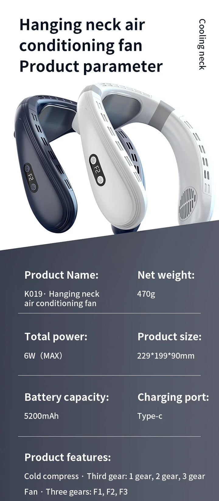 Portable Neck Fan 5200mAh – Rechargeable Wearable Semiconductor Cooling Fan, Personal Outdoor Neck Air Conditioner | Stornfield