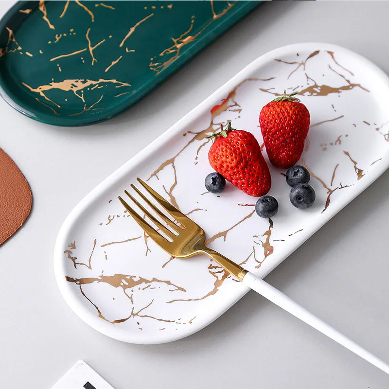 Stornfield | Nordic Marbled Ceramic Oval Tray for Jewelry, Accessory Storage, Soap Holder, Golden Wave, Bathroom Cup, Bath Decoration