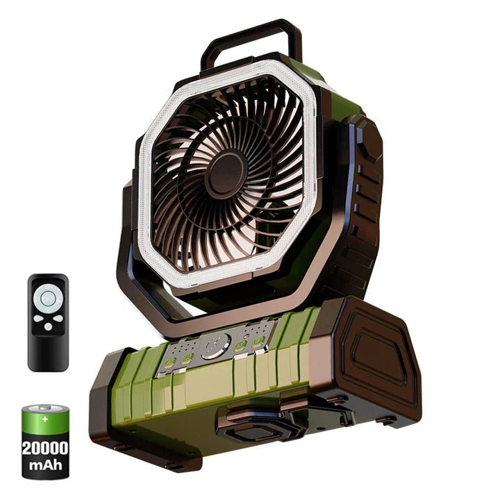 20000mAh Portable Rechargeable Fan — Battery-Operated Desk & Camping Fan with LED Light & Hook for Tent, Car, and Outdoor Trips | Stornfield