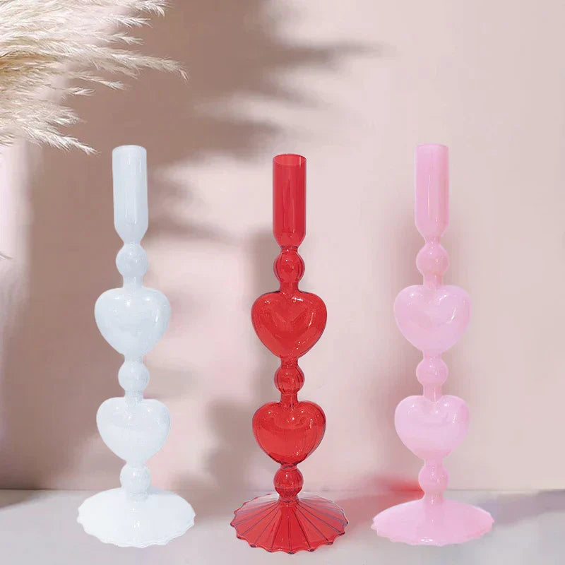 Stornfield | Retro Red Heart Candlestick Glass Candle Holder Wedding Table Decoration Home Party Glass Vase Decor