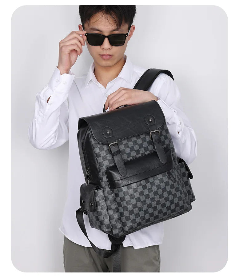 Stornfield | Versatile Trendy Plaid Business Backpack for Men Large Capacity Luxury Brand Design PU Leather Backpack Men's School Backpack
