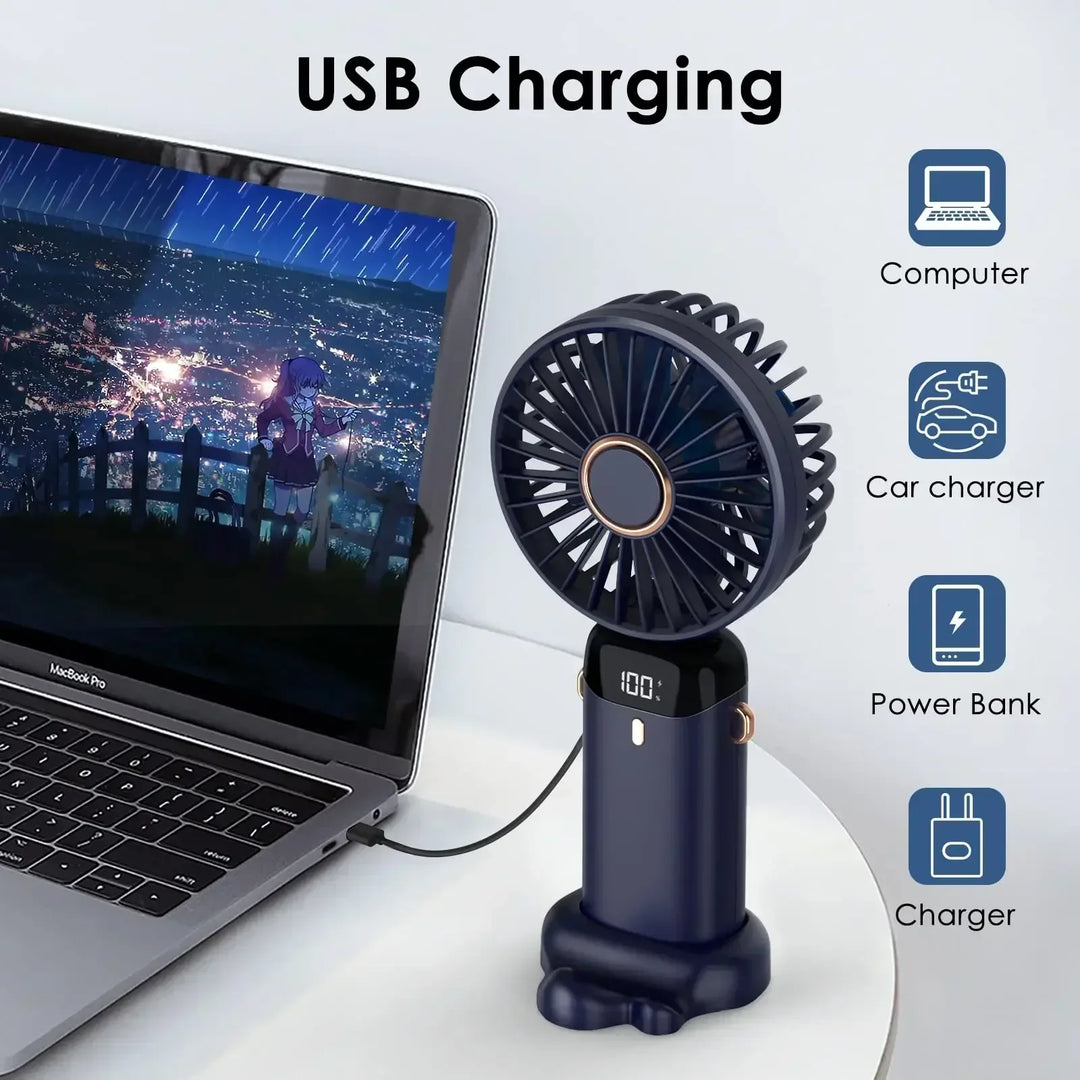 5000mAh Handheld Mini Fan – Wireless USB Rechargeable Portable Fan with Digital Display, Phone Holder, 5-Speed Foldable Neck Hanging Fan | Stornfield