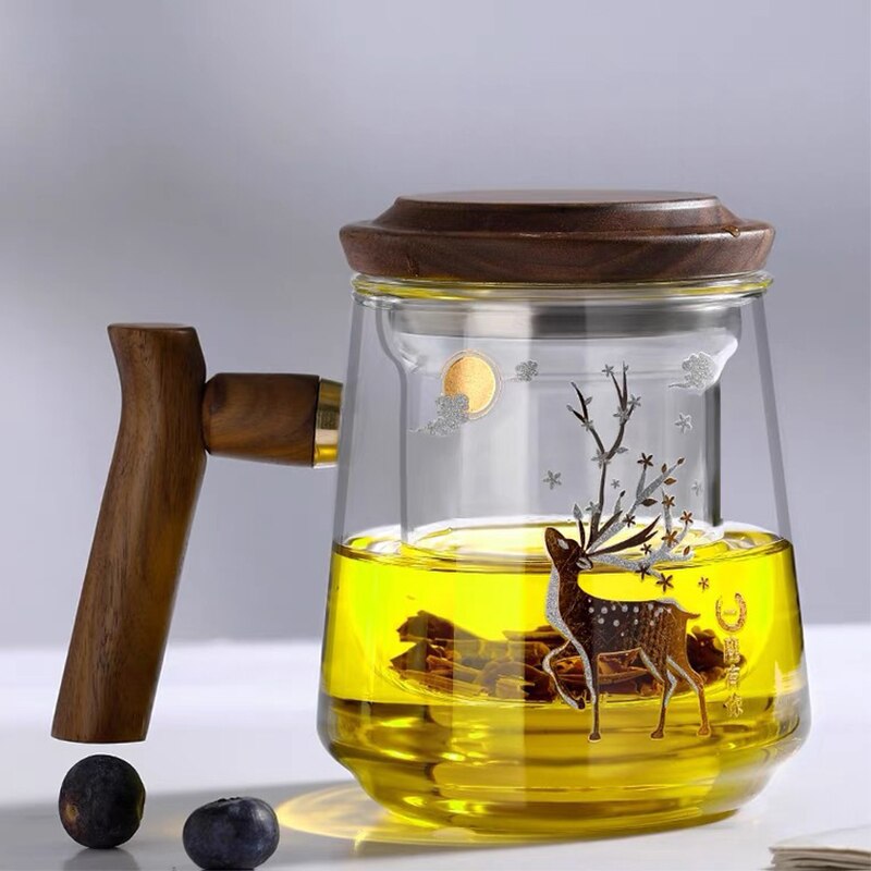 Premium Glass Tea Cup with Filter and Wooden Handle, 470ml | Stornfield