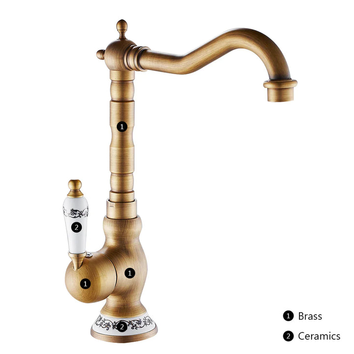 Kitchen Faucet in Antique Brass with Ceramic Handle - 360° Swivel | Stornfield Traditional Design