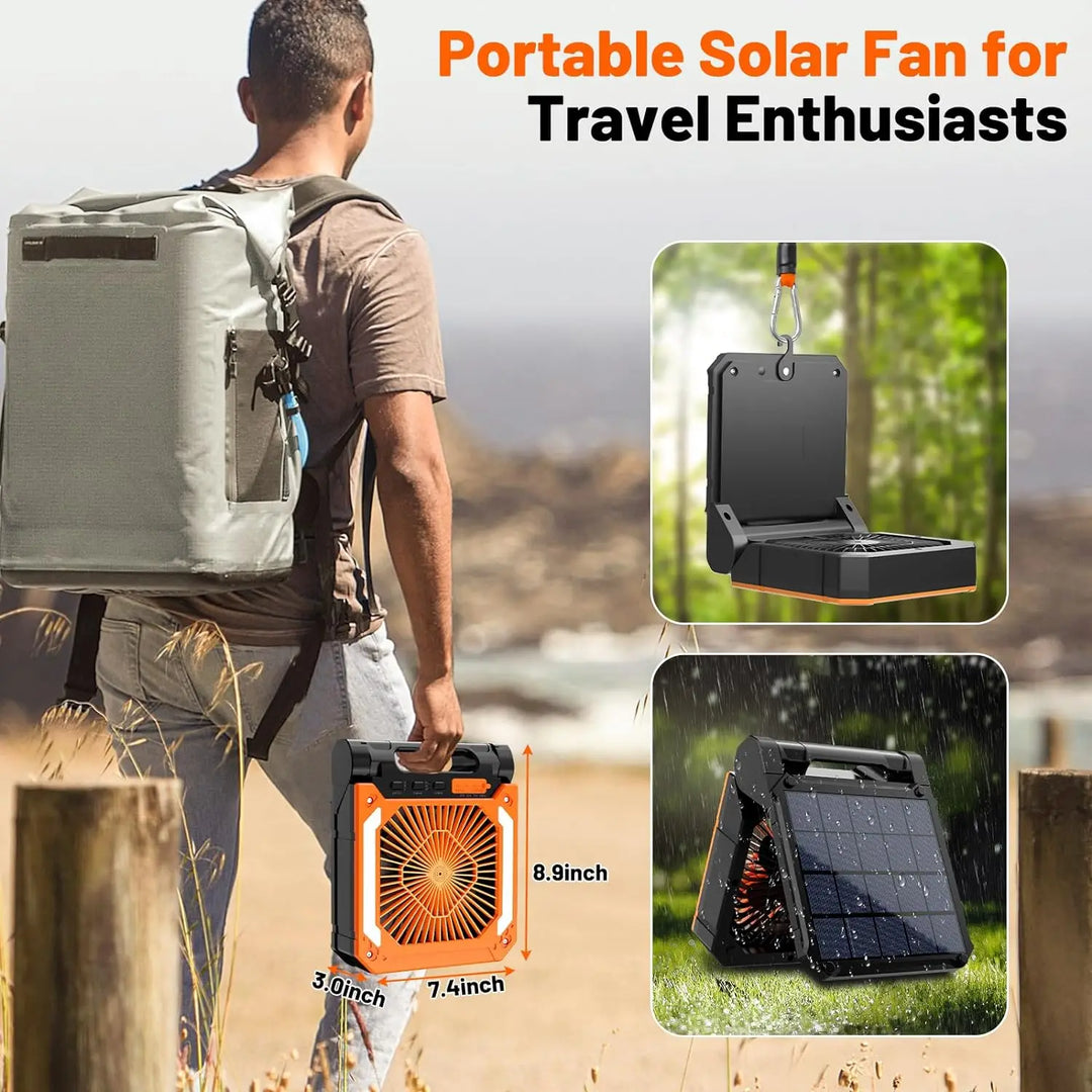 20000mAh Portable Electric Fan with LED Light — USB, Solar & Car Charging for Camping | Stornfield