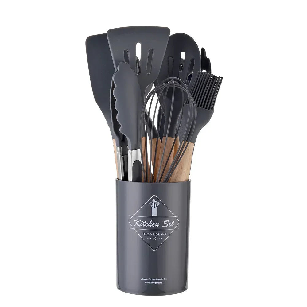 ChefEase – Stornfield 12-Piece Silicone Kitchen Utensil Set with Wooden Handles