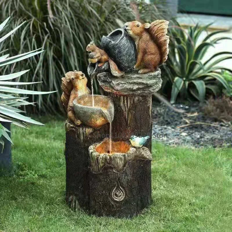 Stornfield | Lunaverde Solar Deco Fountain Duck & Squirrel | Garden Figure with LED Light | Weatherproof Resin | For Terrace & Balcony
