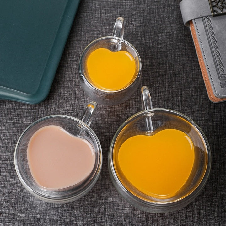 Stornfield | Heart Shaped Glass Mug Double Wall Insulated Coffee Mugs Tea Cup Milk Lemon Juice Water Heat Resistant Drinkware Gift for Lovers