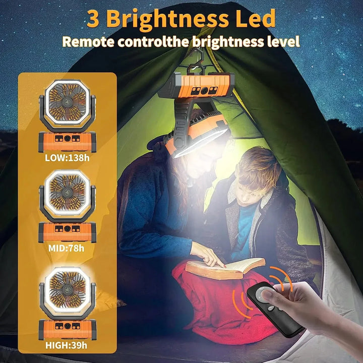20000mAh Portable Rechargeable Fan — Battery-Operated Desk & Camping Fan with LED Light & Hook for Tent, Car, and Outdoor Trips | Stornfield