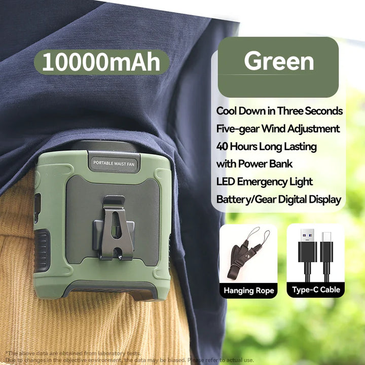 20000mAh Portable Waist Fan – Hanging Neck Fan with Power Bank, Strong Wind, LED Lighting for Sports, Courier, Outdoor Work | Stornfield