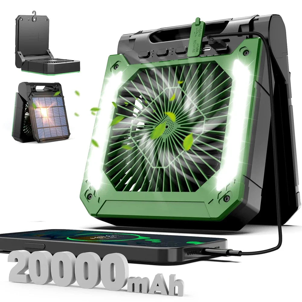20000mAh Portable Electric Fan with LED Light — USB, Solar & Car Charging for Camping | Stornfield
