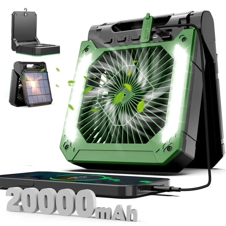 20000mAh Portable Electric Fan with LED Light — USB, Solar & Car Charging for Camping | Stornfield