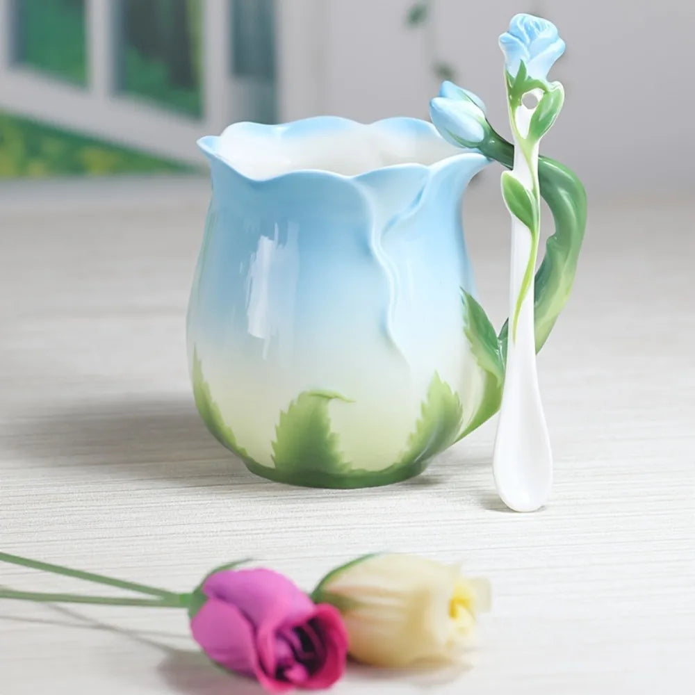 Stornfield | Pink 3D Flower Ceramic Mug Cute Aesthetic Coffee Cups Water Mugs with Spoon Summer Winter Drinkware Valentine's Day Gifts