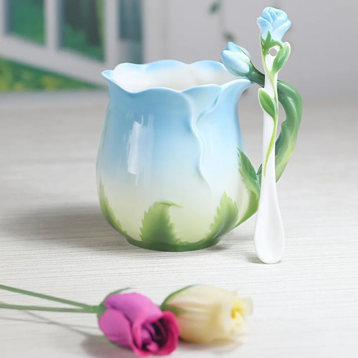 Stornfield | Pink 3D Flower Ceramic Mug Cute Aesthetic Coffee Cups Water Mugs with Spoon Summer Winter Drinkware Valentine's Day Gifts