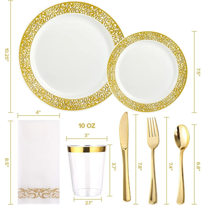 Stornfield | 350pcs Ensemble de vaisselle jetable en dentelle dorée pour 50 invités