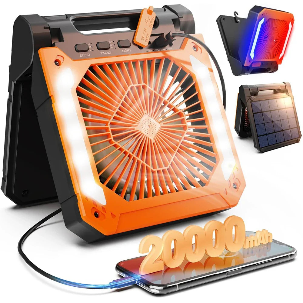 20000mAh Portable Electric Fan with LED Light — USB, Solar & Car Charging for Camping | Stornfield