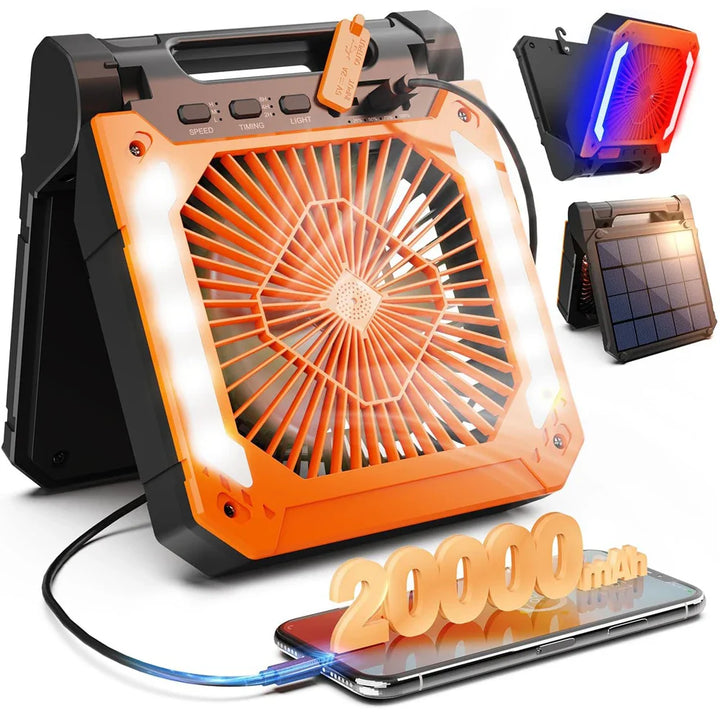 20000mAh Portable Electric Fan with LED Light — USB, Solar & Car Charging for Camping | Stornfield