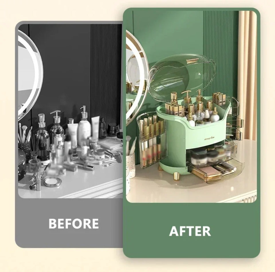 Luxury Transparent Makeup Organizer with Rotating Doors and Drawers | Stornfield