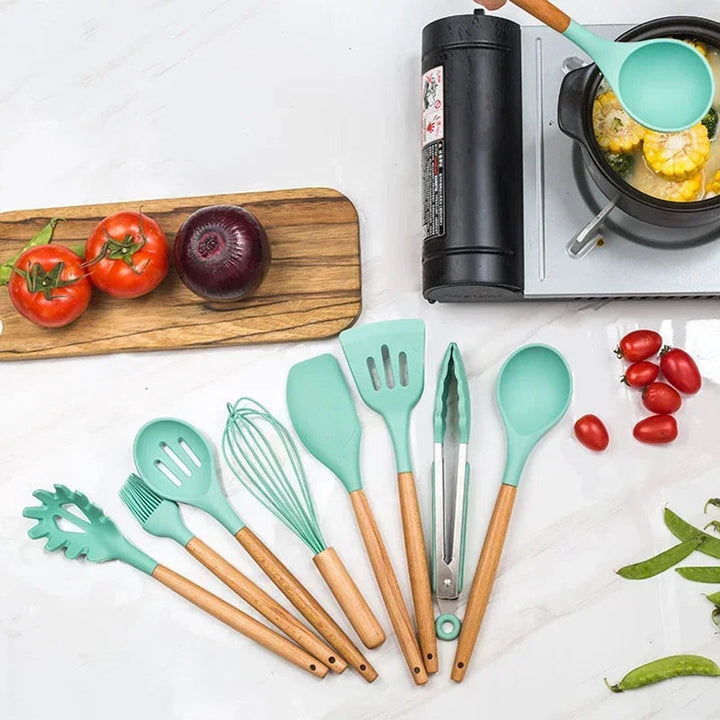 12-piece silicone cooking utensils set with wooden handles | Stornfield