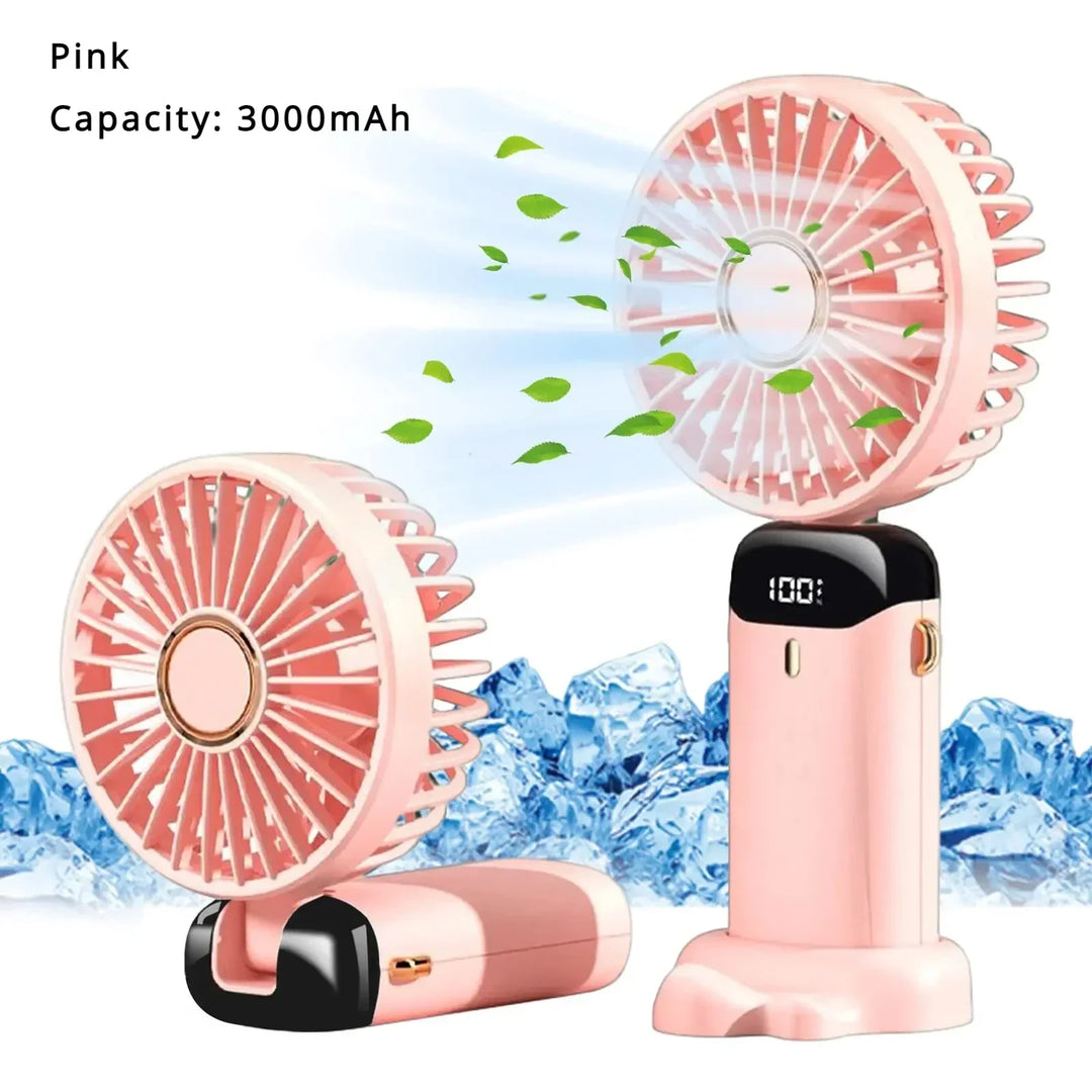5000mAh Handheld Mini Fan – Wireless USB Rechargeable Portable Fan with Digital Display, Phone Holder, 5-Speed Foldable Neck Hanging Fan | Stornfield