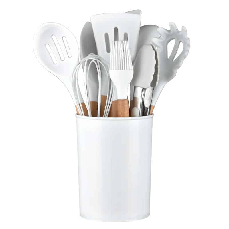 Kitchen set with 11 pieces in wood / silicone including holder (black or white) | Stornfield
