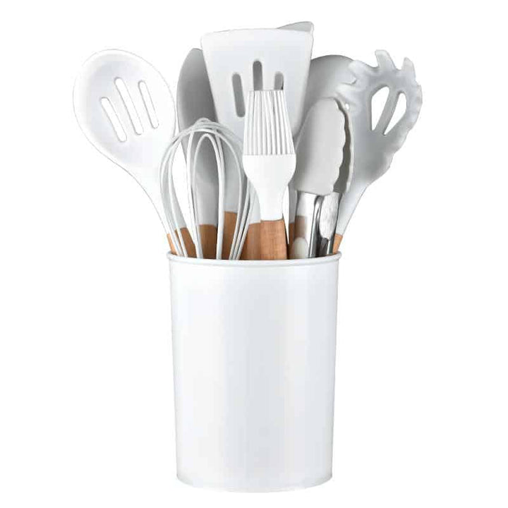 Kitchen set with 11 pieces in wood / silicone including holder (black or white) | Stornfield
