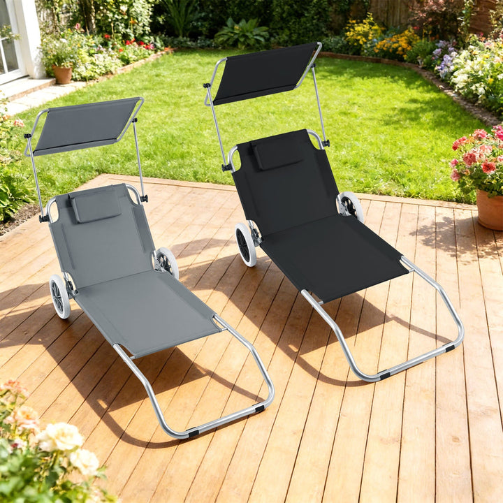 Sun lounger with wheels and sun canopy folding garden lounger | Stornfield