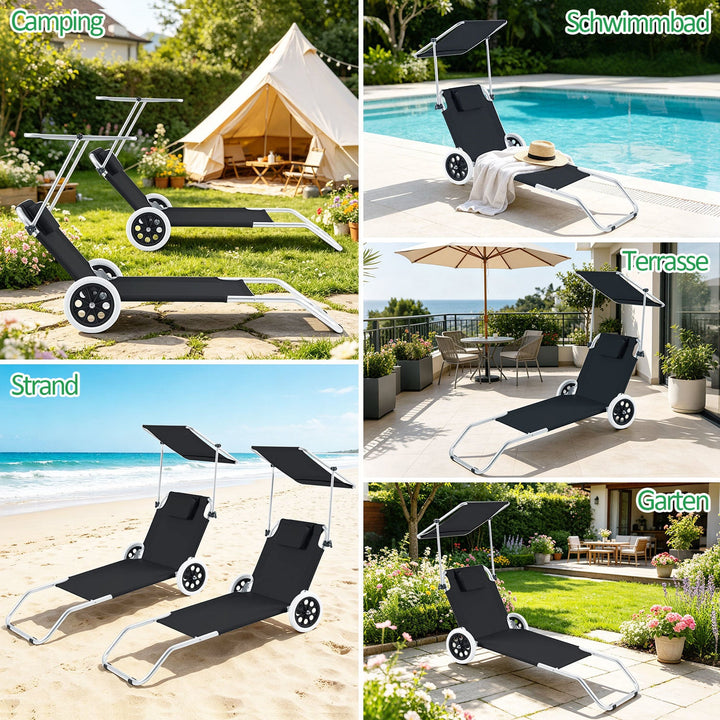 Sun lounger with wheels and sun canopy folding garden lounger | Stornfield