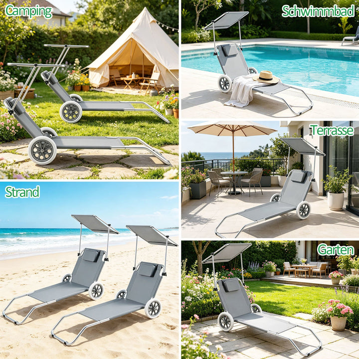 Sun lounger with wheels and sun canopy folding garden lounger | Stornfield