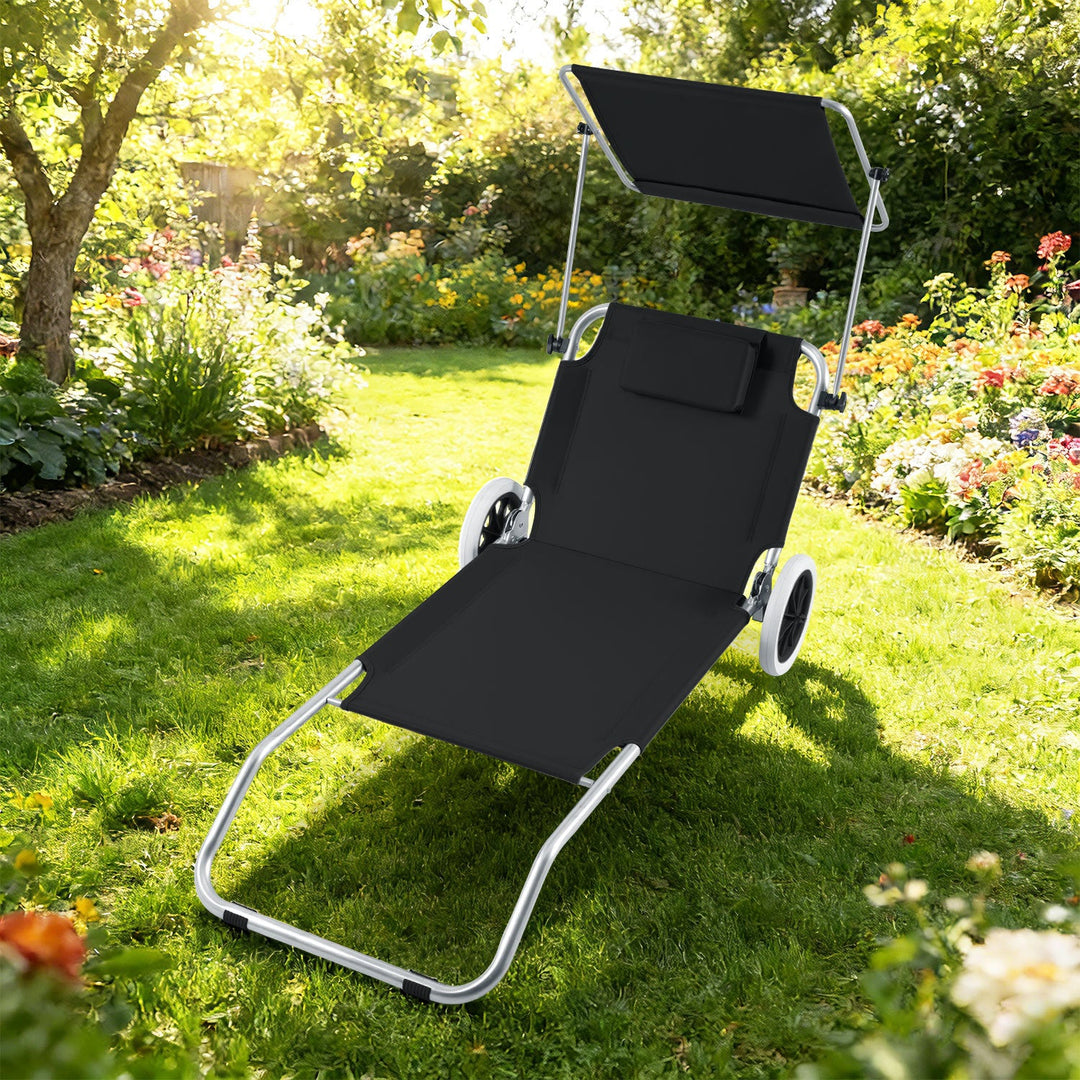 Sun lounger with wheels and sun canopy folding garden lounger | Stornfield