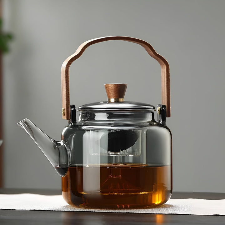 Glass Teapot with Wooden Lid and Strainer – Elegant Design | 1.2 L Smoke Glass for Stylish Tea Enjoyment | Stornfield