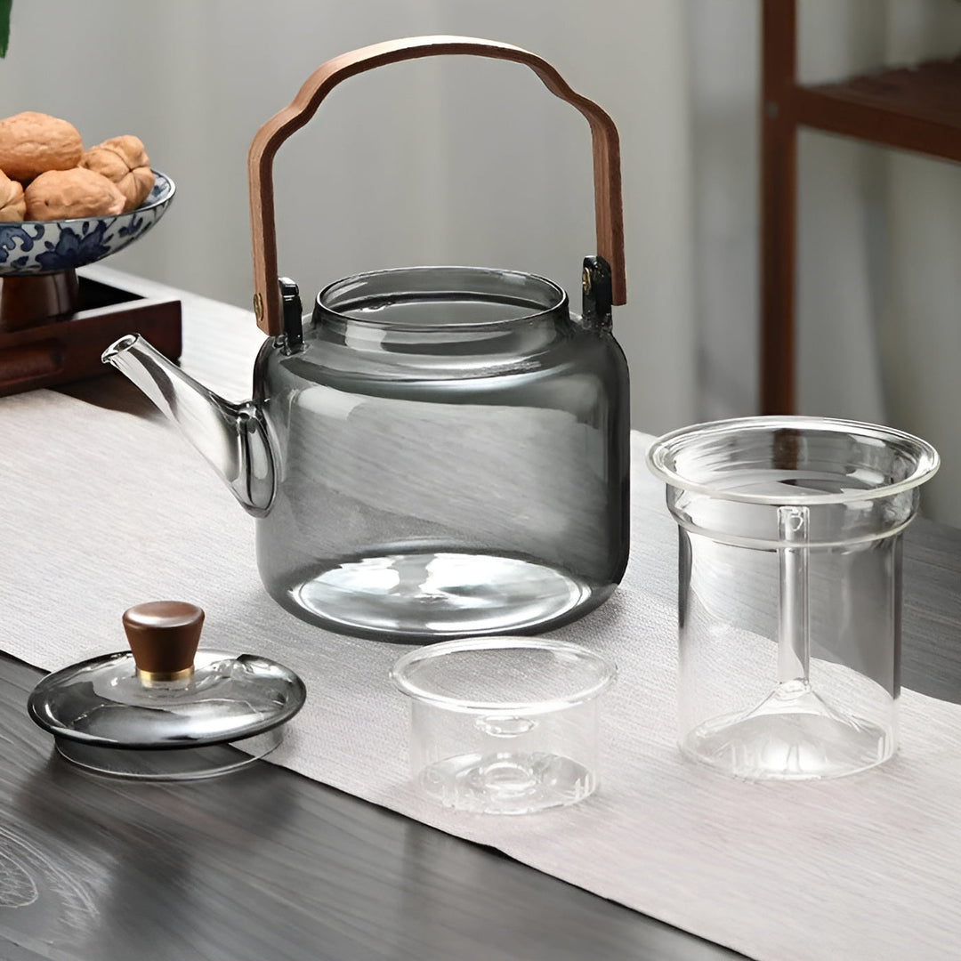 Glass Teapot with Wooden Lid and Strainer – Elegant Design | 1.2 L Smoke Glass for Stylish Tea Enjoyment | Stornfield