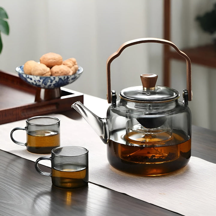 Glass Teapot with Wooden Lid and Strainer – Elegant Design | 1.2 L Smoke Glass for Stylish Tea Enjoyment | Stornfield