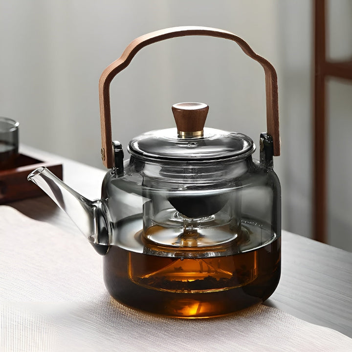Glass Teapot with Wooden Lid and Strainer – Elegant Design | 1.2 L Smoke Glass for Stylish Tea Enjoyment | Stornfield