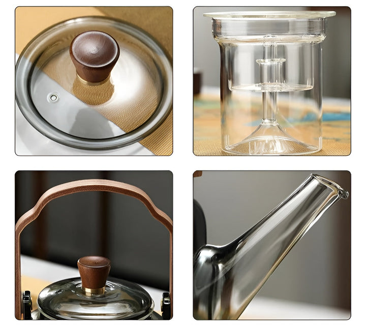 Glass Teapot with Wooden Lid and Strainer – Elegant Design | 1.2 L Smoke Glass for Stylish Tea Enjoyment | Stornfield